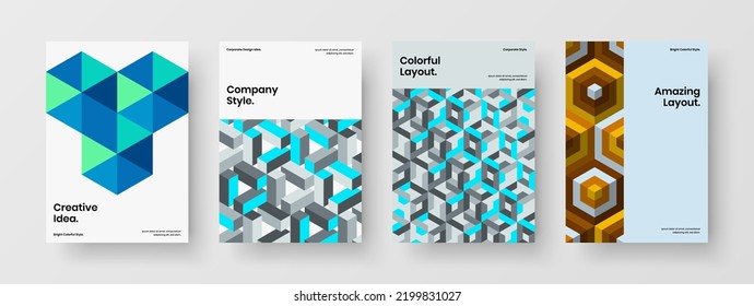 Original magazine cover design vector illustration collection. Creative mosaic hexagons pamphlet layout composition.
