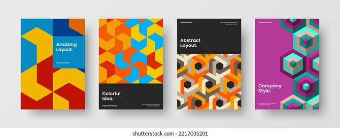 Original magazine cover design vector concept bundle. Multicolored mosaic tiles annual report illustration collection.