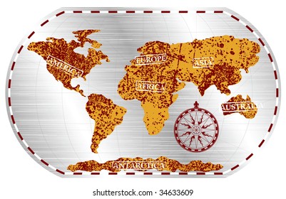 The original map of the continents with the texture of metal.