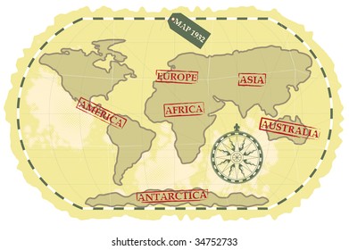 The original map of the continents with the texture of metal.