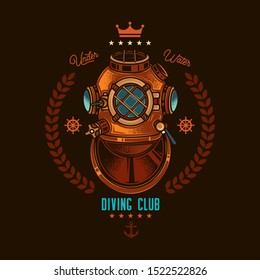 Original, marine vector emblem with the image of a heavy helmet for diving in vintage style.