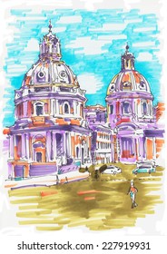 original marker painting of Rome Italy cityscape for your travel card design, basilica drawing, vector illustration