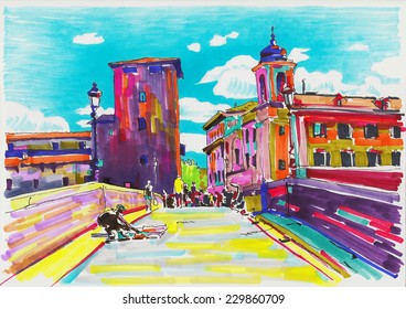 original marker painting of Rome Italy cityscape for your travel card design