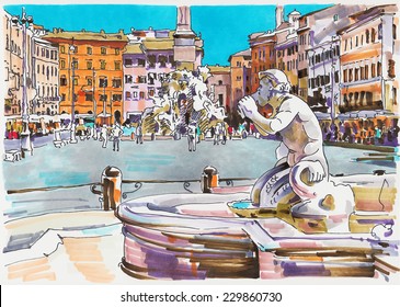 original marker painting of Rome Italy cityscape for your travel card design, architectural details of Fontana del Moro or Moro Fountain. Piazza Navona