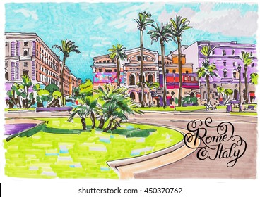 original marker painting of Rome Italy cityscape with hand lettering inscription for your travel card design, vector illustration