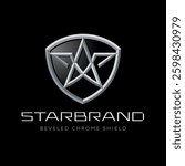 Original metallic chrome shield with star symbol. Luxury automotive crest. Silver award emblem. 3d beveled chiselled effect. Modern heraldic brand design. Vip premium shield. Refined gorgeous elegance