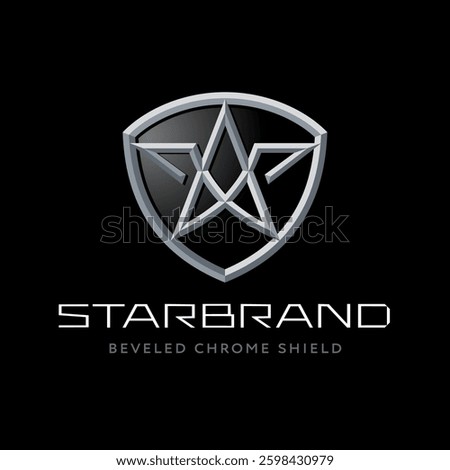 Original metallic chrome shield with star symbol. Luxury automotive crest. Silver award emblem. 3d beveled chiselled effect. Modern heraldic brand design. Vip premium shield. Refined gorgeous elegance