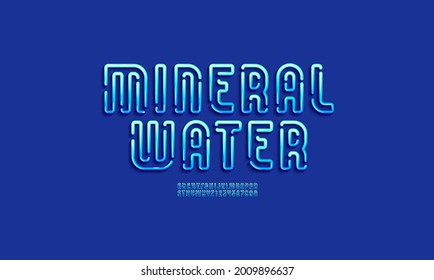 Original Mineral Water Font In The 3d Style, Blue Gel Alphabet, Bold Letters And Numbers Made In Liquid Style