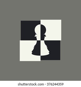 Original modern chess pawn logo, symbol with bow tie. Black and white simple icon isolated on gray background.  Vector illustration, eps 8.
