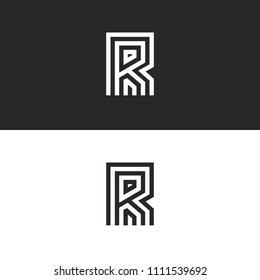 Original modern logo R letter monogram, black and white parallel lines design element template, minimal style identity emblem for business card