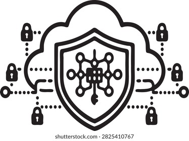 Original modern vector illustration of a cloud protected by a large security shield containing a secure digital network, processor, encryption key, and connected security nodes. Multiple padlocks and circuit lines reinforce the concept of cloud cybersecurity, data privacy, encrypted cloud storage, secure computing, network defense, and digital infrastructure protection. Clean bold outline style with strong geometric forms and minimal monochrome design.