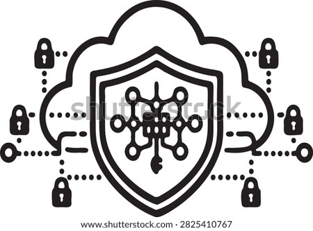 Original modern vector illustration of a cloud protected by a large security shield containing a secure digital network, processor, encryption key, and connected security nodes. Multiple padlocks and circuit lines reinforce the concept of cloud cybersecurity, data privacy, encrypted cloud storage, secure computing, network defense, and digital infrastructure protection. Clean bold outline style with strong geometric forms and minimal monochrome design.