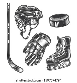 Original monochrome sports vector hockey set in vintage style 