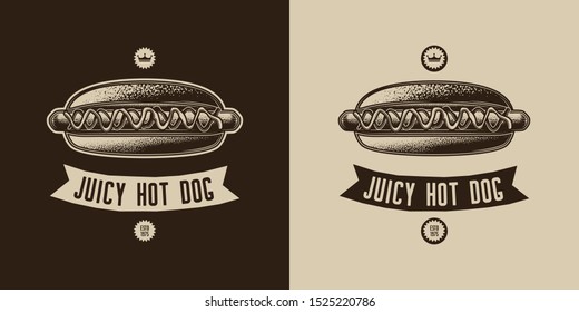 The original monochrome vector emblem fast food establishments. Hot dog with sausage and gravy.