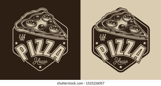 The original monochrome vector emblem of fast food establishments. Slice of pizza with salami and cheese.
