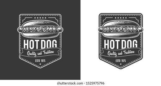 The original monochrome vector emblem fast food establishments. Hot dog with sausage and gravy.
