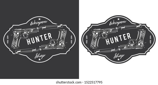 Original monochrome vector emblem with the image of combat pistols and bullets in retro style.