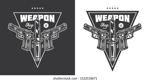 Original monochrome vector emblem with the image of a fighting knife, guns and bullets in retro style.