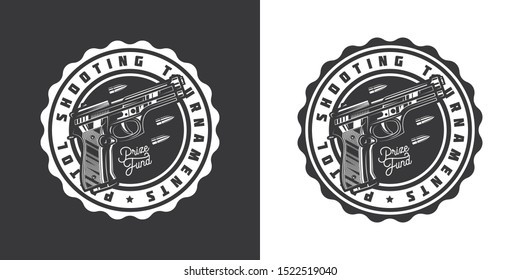 Original monochrome vector emblem with the image of a gun and bullets in retro style.