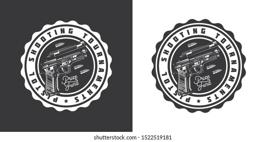Original monochrome vector emblem with the image of a gun and bullets in retro style.
