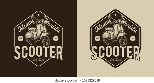 The original monochrome vector emblem with the image of a scooter in a retro style.