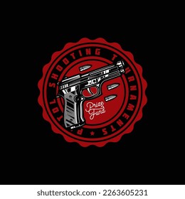 Original monochrome vector emblem with the image of a gun and bullets in retro style.