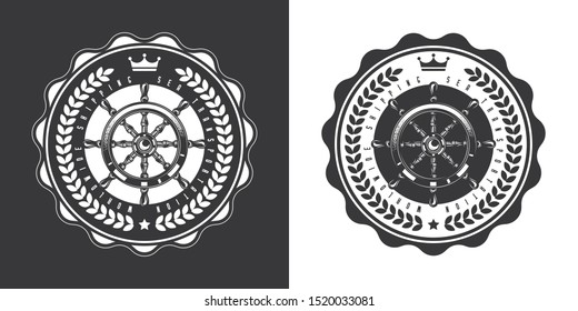 Original monochrome vector emblem of a ship steering wheel in vintage style.