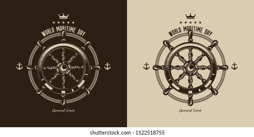 Original monochrome vector emblem of a ship steering wheel in vintage style.