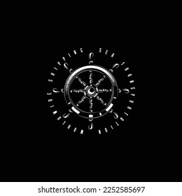 Original monochrome vector emblem of a ship steering wheel in vintage style.