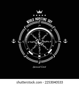 Original monochrome vector emblem of a ship steering wheel in vintage style.