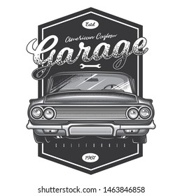 Original monochrome vector emblem in vintage style. Vintage American car. American custom garage