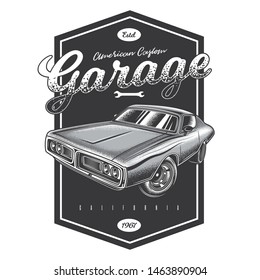 Original monochrome vector emblem in vintage style. Vintage American car. American custom garage