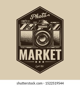 Original monochrome vector emblem vintage photo camera, with text composition in retro style.