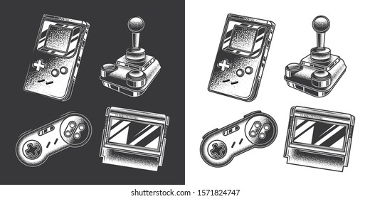 Original monochrome vector game set in retro style. Joystick, cartridge, gamepad, portable game console.