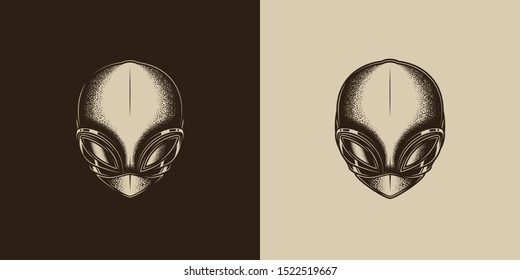 Original monochrome vector illustration of an alien head in retro style.