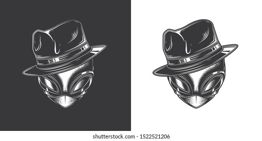 Original monochrome vector illustration of an alien in a fashionable stylish hat in retro style.