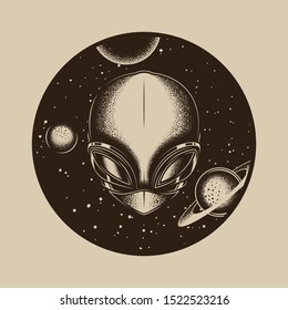 Original monochrome vector illustration of an alien in retro style on the background of planets and space. T-shirt design or sticker.