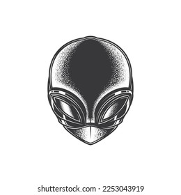 Ilustración vectorial monocroma original de una cabeza alienígena en estilo retro.