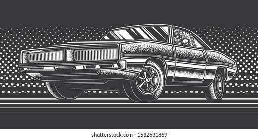 Original monochrome vector illustration. American muscle car on a bright background in the style of 80-90's