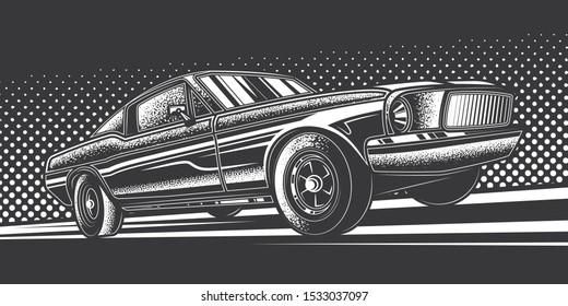 Original monochrome vector illustration. American muscle car on a bright background in the style of 80-90's