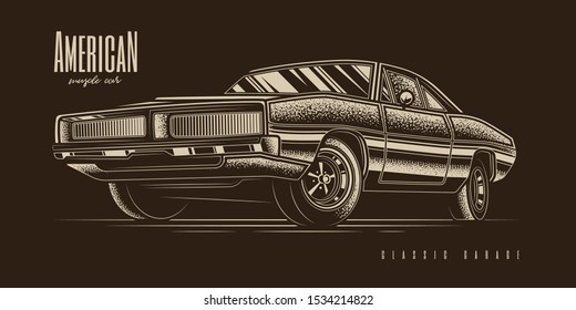 Original monochrome vector illustration of American muscle car in retro style.