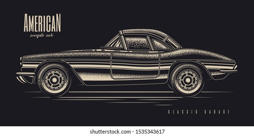 Original monochrome vector illustration of American muscle car in retro style.