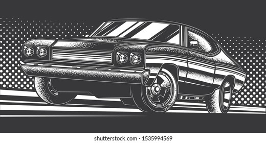 Original monochrome vector illustration. American muscle car on a bright background in the style of 80-90's