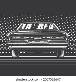 Original monochrome vector illustration of American muscle car in retro style.