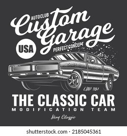 Original monochrome vector illustration of American muscle car in retro style.