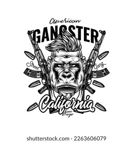 Originale monochrome Vektorgrafik. Wütende Gorilla-Hipster auf dem Hintergrund von automatischen Waffen und Kugeln. T-Shirt-Design.