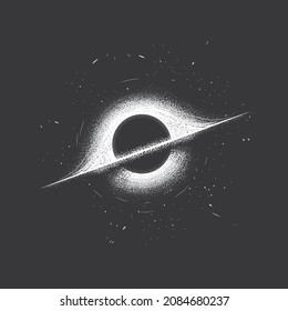 Original monochrome vector illustration.  Black hole, event horizon, stars.