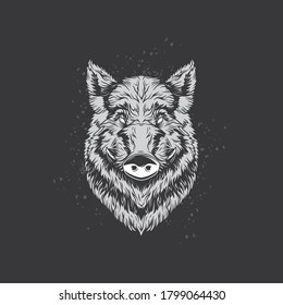 Original monochrome vector illustration of a boar's head in vintage style. T-shirt design