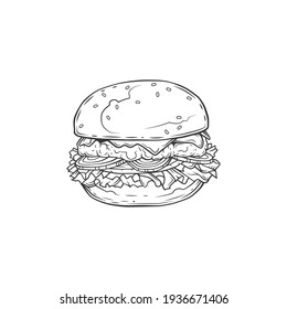 Original monochrome vector illustration of Burger with cutlet, tomatoes and greens in vintage style.