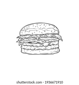 Original monochrome vector illustration of Burger with cutlet, tomatoes and greens in vintage style.